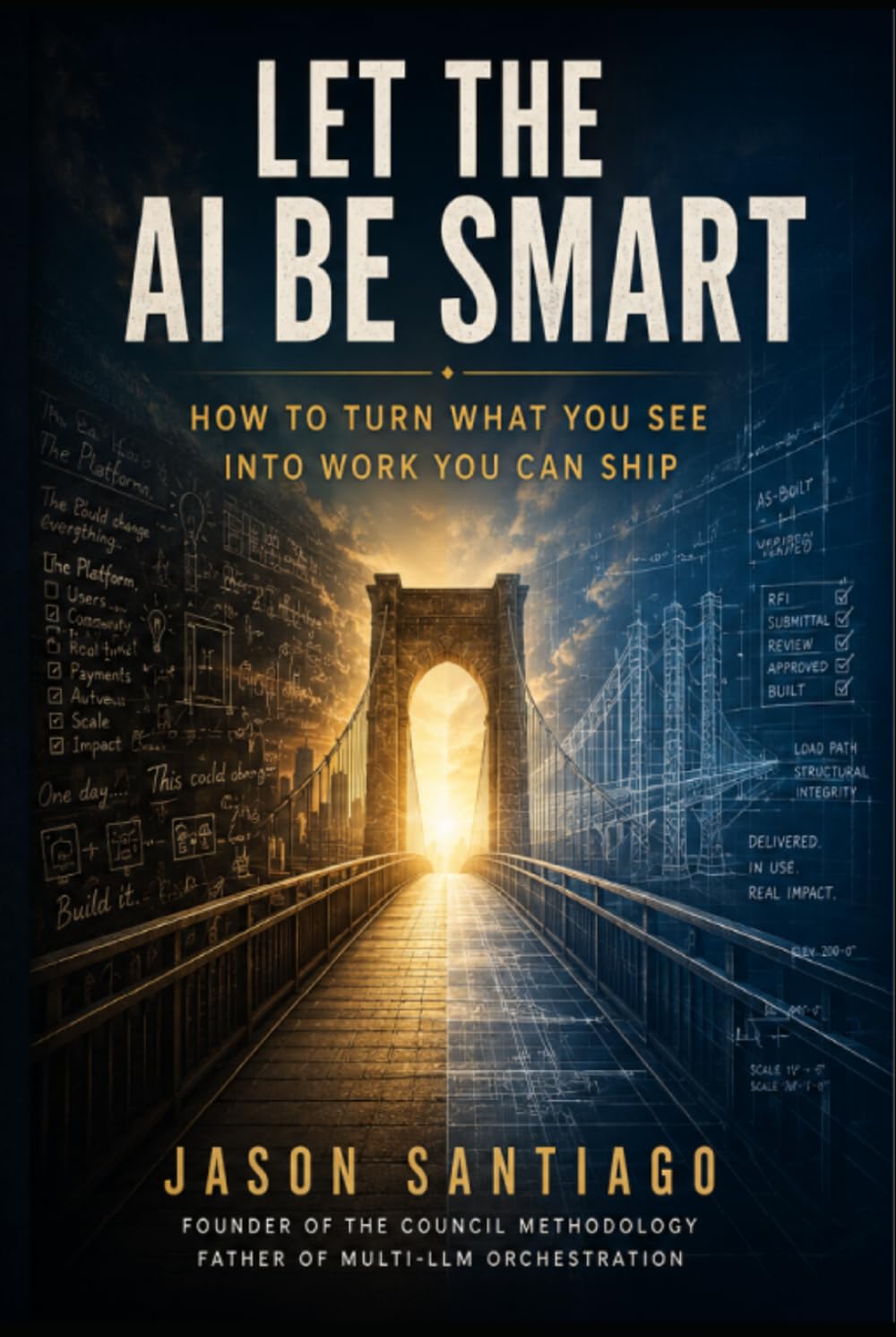 Let the AI Be Smart book cover: a bridge from sketch to blueprint with the sun rising through the arch